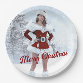 Mooie Kerstmisvrouw over Wintersneeuw Papieren Bordje