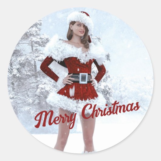 Mooie Kerstmisvrouw over Wintersneeuw Ronde Sticker (Voorkant)