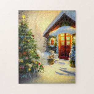 Mooie kerstnacht met boom en sneeuw legpuzzel