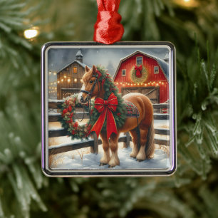 Mooie Kerstpaard op een Festieve Boerderij Metalen Ornament