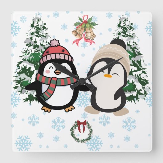Mooie Kerstpinguïns Winter Vierkante Wandklok (Voorkant)