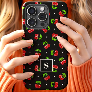 Mooie Kerstrode Kersen Met Stippen Op Zwarte Monog iPhone 15 Case