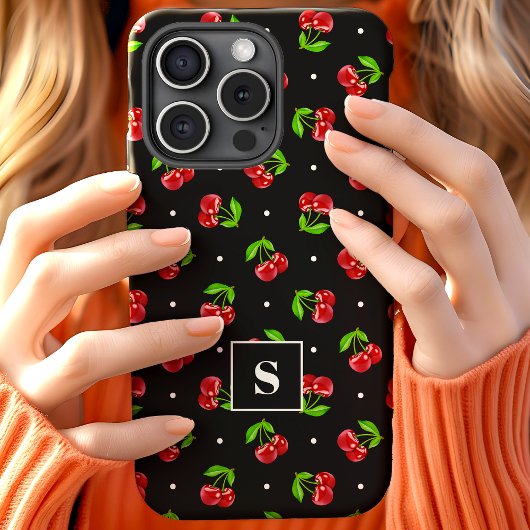 Mooie Kerstrode Kersen Met Stippen Op Zwarte Monog Case-Mate iPhone Case