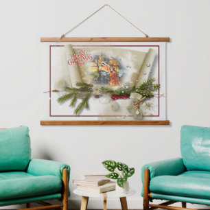 Mooie kerststal collage op maat hangend wandkleed