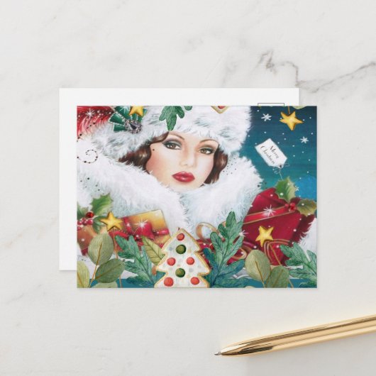  mooie kerstvrouw briefkaart (Voorkant / Achterkant in situ)
