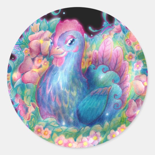 Mooie kip en bloemen ronde sticker (Voorkant)