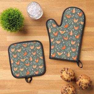 Mooie Kippen Hennen Kleurrijk Vogelpatroon Ovenwant & Pannenlap Set