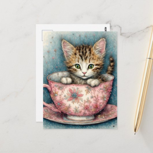 Mooie kitten in een theekopje briefkaart (Voorkant / Achterkant in situ)