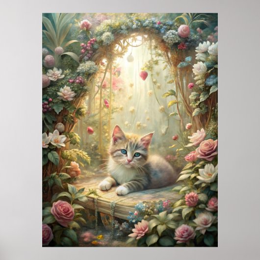 Mooie kitten in Roos Garden (Shabby Chic) Poster (Voorkant)