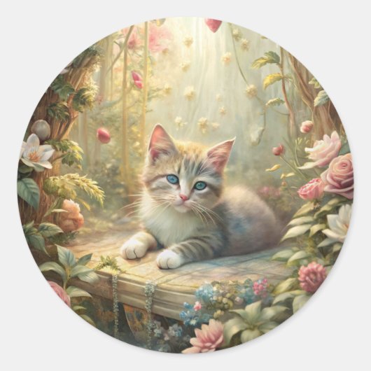Mooie kitten in Roos Garden (Shabby Chic) Ronde Sticker (Voorkant)