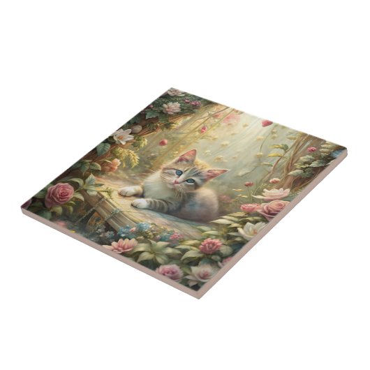 Mooie kitten in Roos Garden (Shabby Chic) Tegeltje (Zijkant)