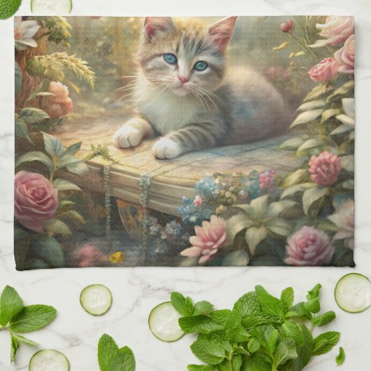 Mooie kitten in Roos Garden (Shabby Chic) Theedoek (Gevouwen)