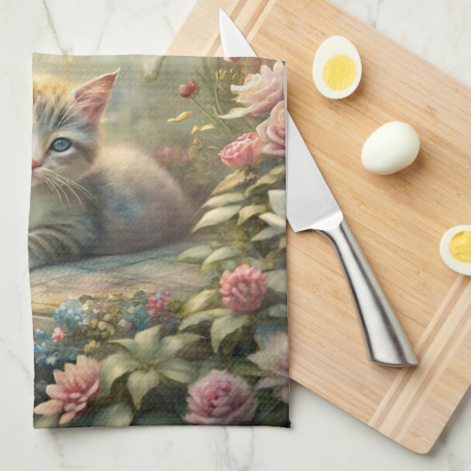 Mooie kitten in Roos Garden (Shabby Chic) Theedoek (Quarter Fold)