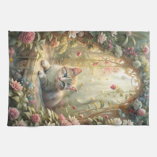 Mooie kitten in Roos Garden (Shabby Chic) Theedoek (Horizontaal)