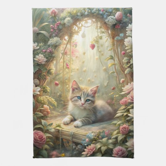 Mooie kitten in Roos Garden (Shabby Chic) Theedoek (Verticaal)