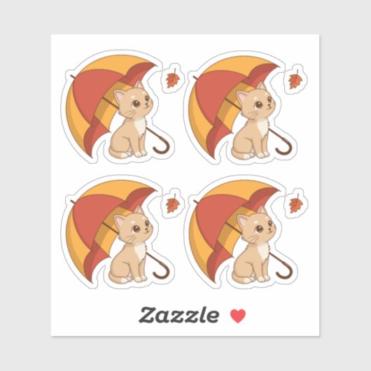 Mooie Kitten Kat Rood Geel Paraplu Herfst Set van Sticker (Vel)