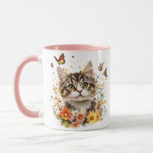 Mooie Kitten Mok – Omringd door Bloemen en Vlinder