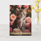 Mooie Kitten Whiskers en Elegante Roze Rozen Kaart (Gele Bloem)