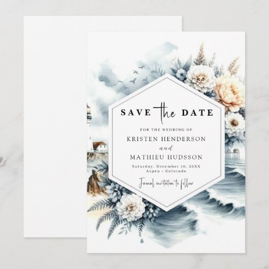 Mooie klassieke golven vuurtoren bruiloft save the date (Voorkant / Achterkant)