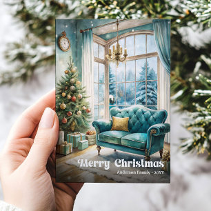 Mooie klassieke kerstinterieur met feestelijke feestdagenkaart