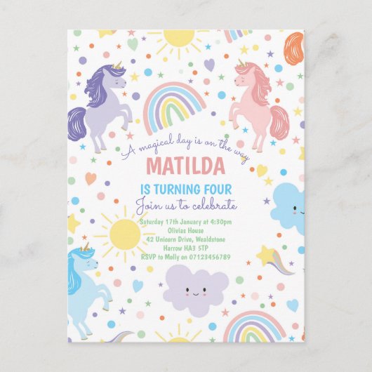 Mooie Kleine Eenhoorn Ansichtkaart Feest Uitnodigi Briefkaart (Voorkant)