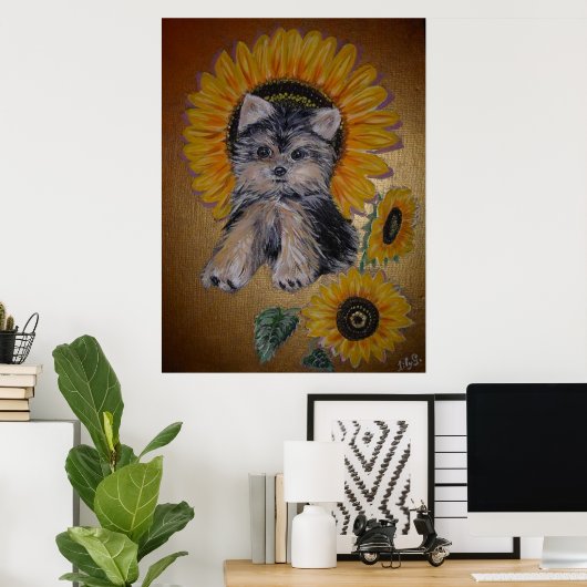 Mooie kleine hond en zonnebloemen poster (Thuiskantoor)