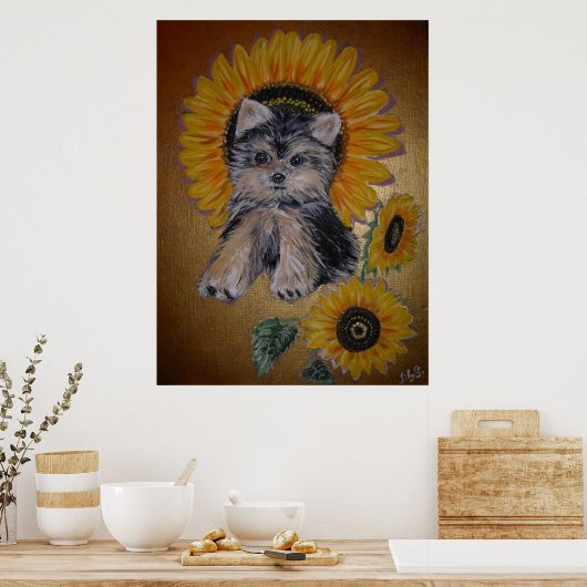 Mooie kleine hond en zonnebloemen poster (Keuken)
