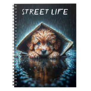 Mooie kleine hond op een regendag met blauwe ogen notitieboek