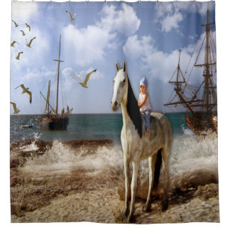 Mooie kleine meid op paard terug douchegordijn