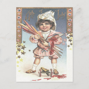 Mooie Kleine Meisjesfles Raketten Vuurwerk Briefkaart