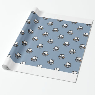 Mooie Kleine Schepen op Blauw Cadeaupapier