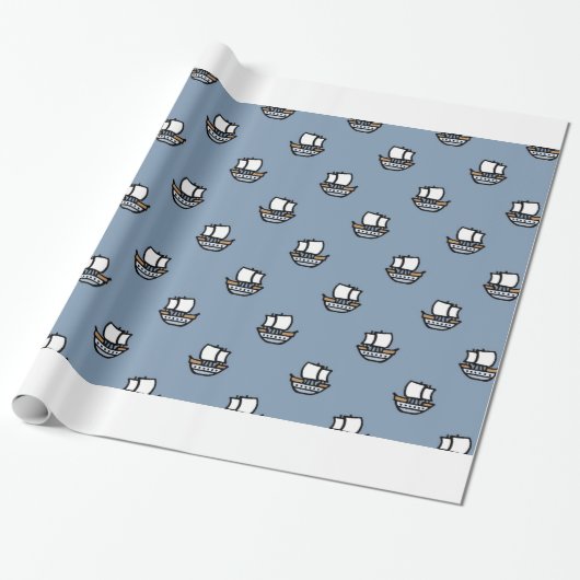 Mooie Kleine Schepen op Blauw Cadeaupapier (Uitgerold)
