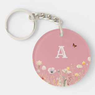 Mooie kleuren waterverf wilde bloemen en monogram sleutelhanger