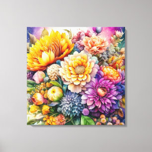 Mooie Kleurrijke Aquarel Ai Kunst Bloemen  Canvas Afdruk