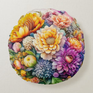 Mooie Kleurrijke Aquarel Ai Kunst Bloemen  Rond Kussen