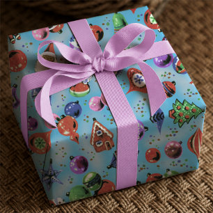 Mooie Kleurrijke Blauwe Retro Kerstversieringen Cadeaupapier