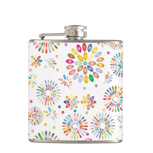 Mooie Kleurrijke Bloemen Cirkels Patroon op Wit Heupfles (Voorkant)