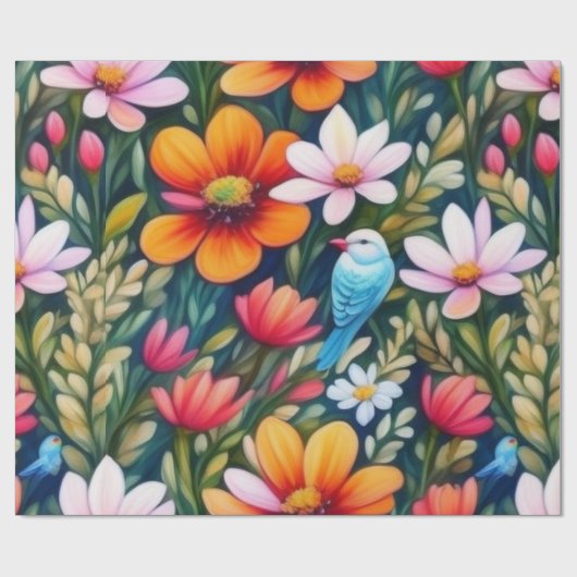 Mooie kleurrijke bloemen en vogels Inpakpapier (Vlak)