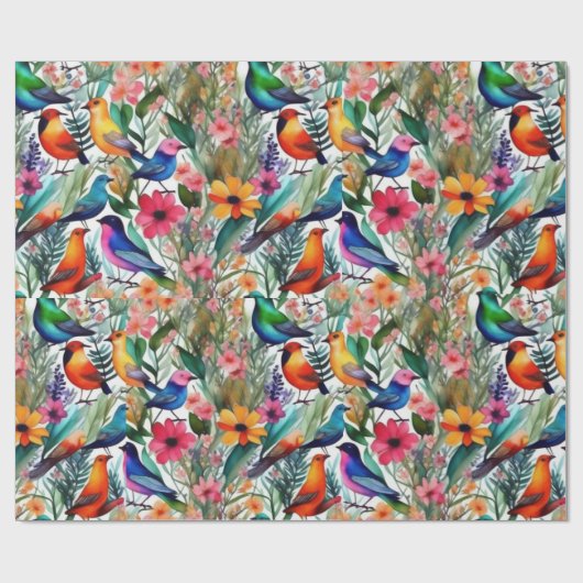 Mooie kleurrijke bloemen en vogels Wrapping Paper Cadeaupapier (Vlak)