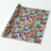 Mooie kleurrijke bloemen en vogels Wrapping Paper Cadeaupapier (Uitgerold)