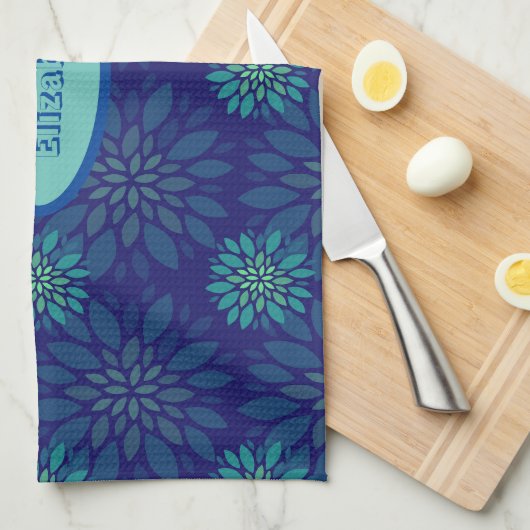 Mooie & Kleurrijke Bloemen Patroon Marine Blauwe N Theedoek (Quarter Fold)