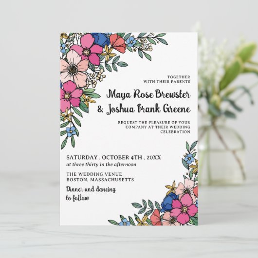 Mooie, kleurrijke bloemen zomerbruiloft kaart (Staand voorkant)
