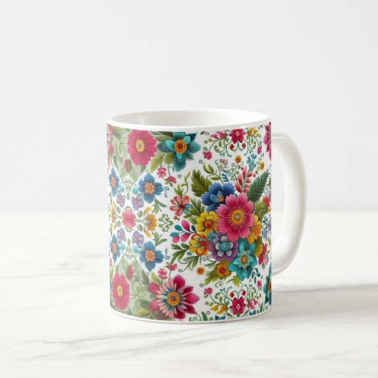 Mooie kleurrijke borduurstijl bloemen koffiemok (Voorkant rechts)