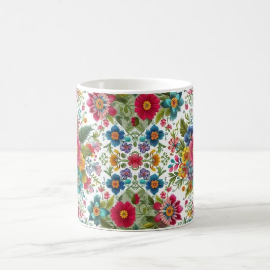 Mooie kleurrijke borduurstijl bloemen koffiemok (Center)