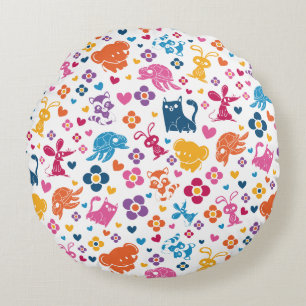 Mooie Kleurrijke Dieren & Bloemen Patroon Rond Kussen