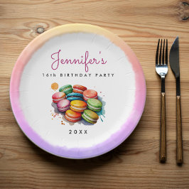 Mooie Kleurrijke Franse Macaron Koekjes Waterverf Papieren Bordje