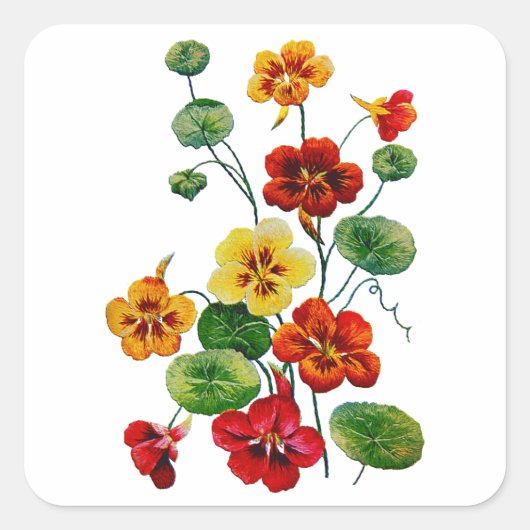 Mooie kleurrijke geborduurde Nasturtiums Vierkante Sticker (Voorkant)