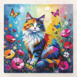Mooie Kleurrijke Impasto Kat en Bloemen Glazen Onderzetter