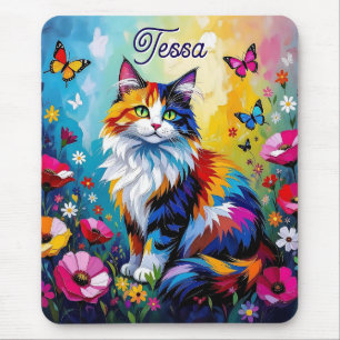 Mooie Kleurrijke Impasto Kat en Bloemen Muismat