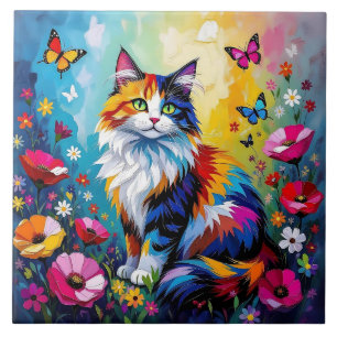 Mooie Kleurrijke Impasto Kat en Bloemen Tegeltje